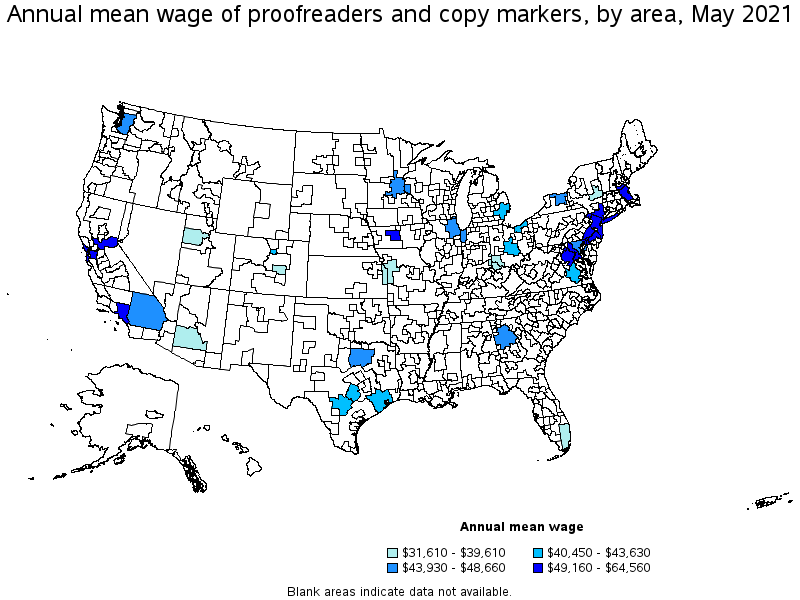 Map of annual mean wages of proofreaders and copy markers by area, May 2021