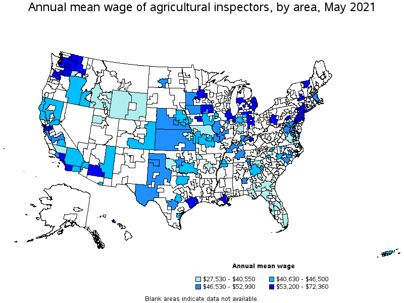 Map of annual mean wages of agricultural inspectors by area, May 2021