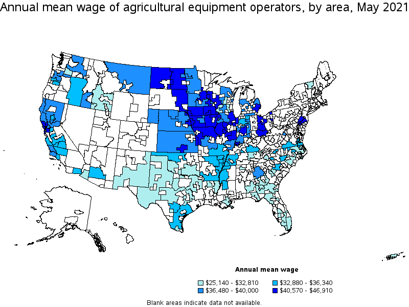 Map of annual mean wages of agricultural equipment operators by area, May 2021