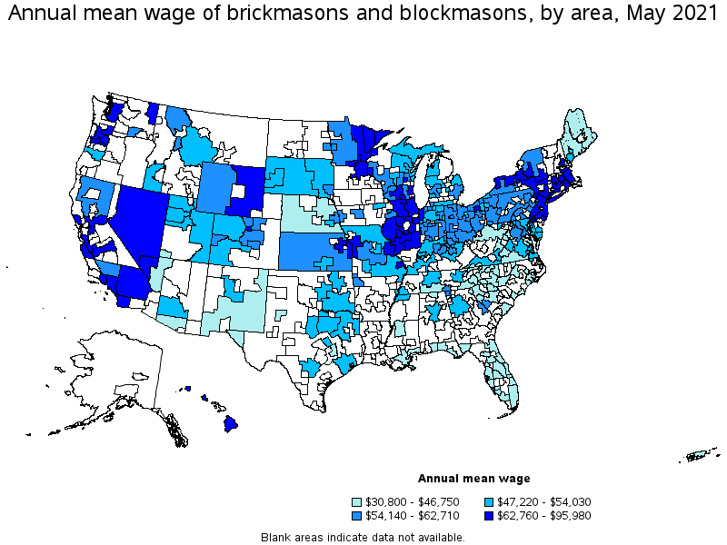 Map of annual mean wages of brickmasons and blockmasons by area, May 2021