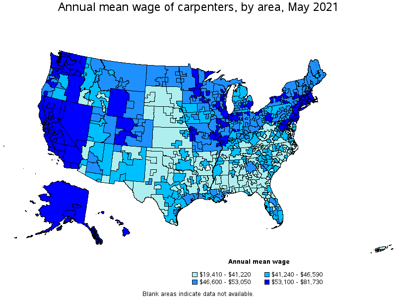 Map of annual mean wages of carpenters by area, May 2021
