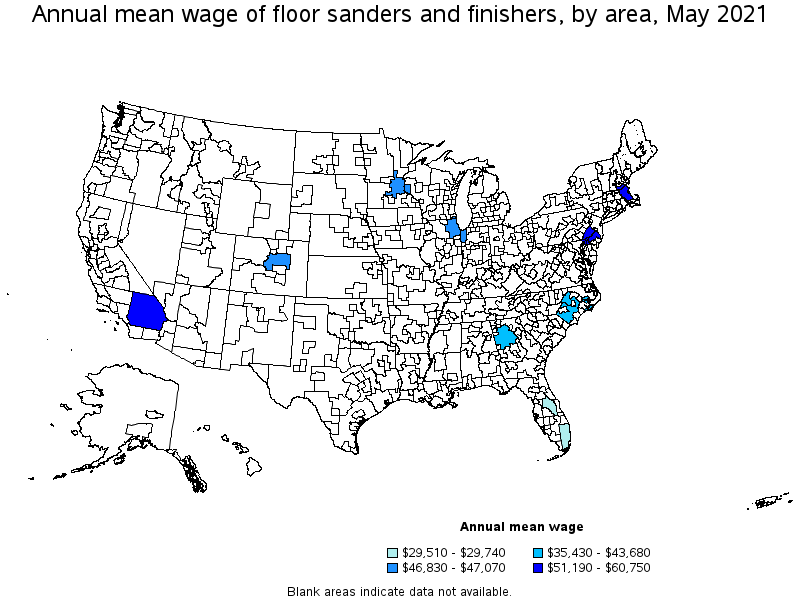 Map of annual mean wages of floor sanders and finishers by area, May 2021