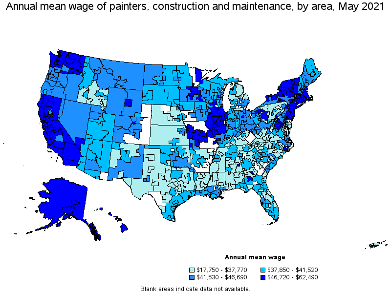 Map of annual mean wages of painters, construction and maintenance by area, May 2021