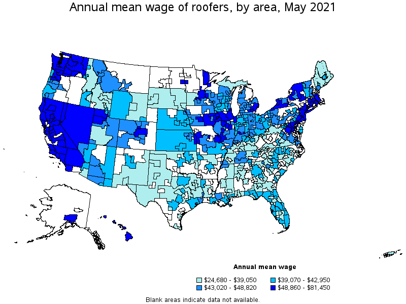 Map of annual mean wages of roofers by area, May 2021