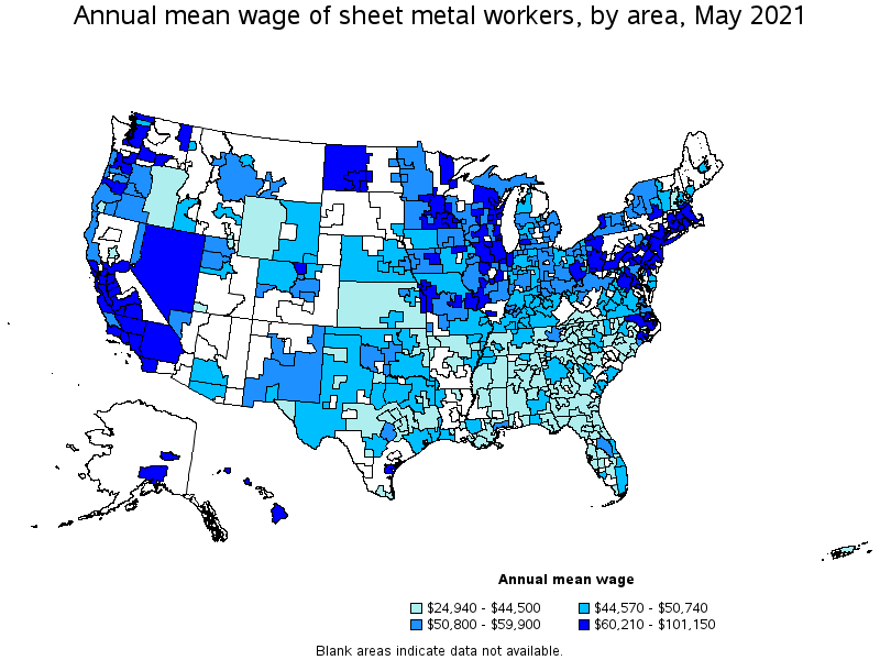 Map of annual mean wages of sheet metal workers by area, May 2021