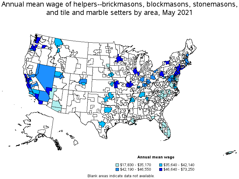 Map of annual mean wages of helpers--brickmasons, blockmasons, stonemasons, and tile and marble setters by area, May 2021