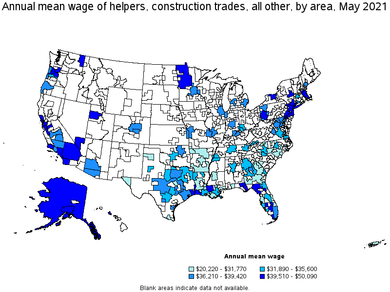 Map of annual mean wages of helpers, construction trades, all other by area, May 2021