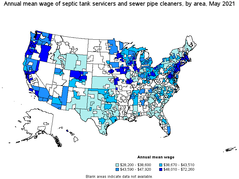 Map of annual mean wages of septic tank servicers and sewer pipe cleaners by area, May 2021
