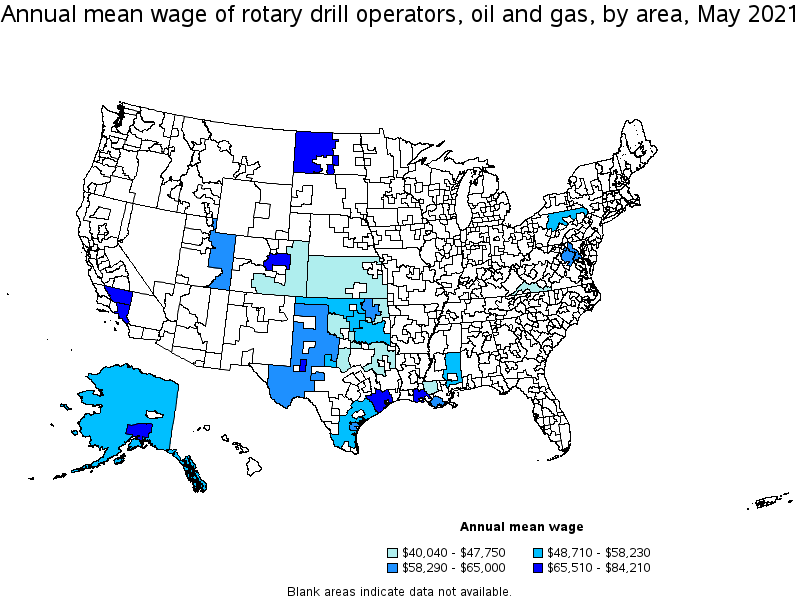 Map of annual mean wages of rotary drill operators, oil and gas by area, May 2021