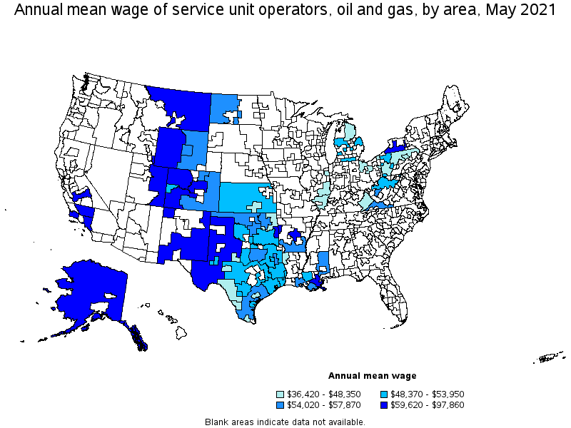 Map of annual mean wages of service unit operators, oil and gas by area, May 2021