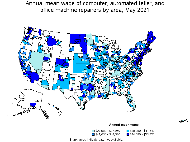 Map of annual mean wages of computer, automated teller, and office machine repairers by area, May 2021