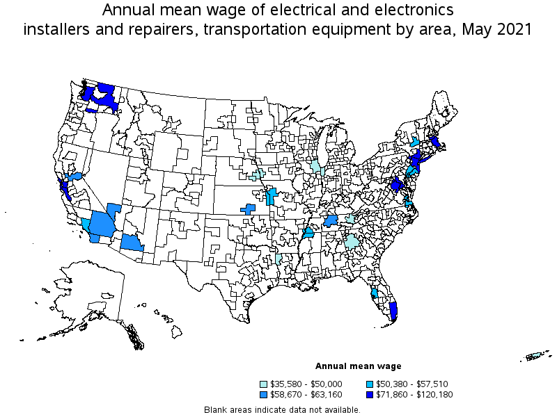 Map of annual mean wages of electrical and electronics installers and repairers, transportation equipment by area, May 2021