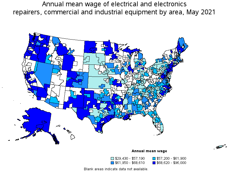 Map of annual mean wages of electrical and electronics repairers, commercial and industrial equipment by area, May 2021