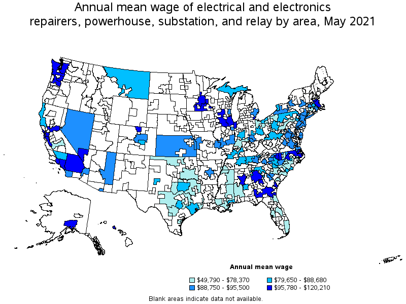 Map of annual mean wages of electrical and electronics repairers, powerhouse, substation, and relay by area, May 2021