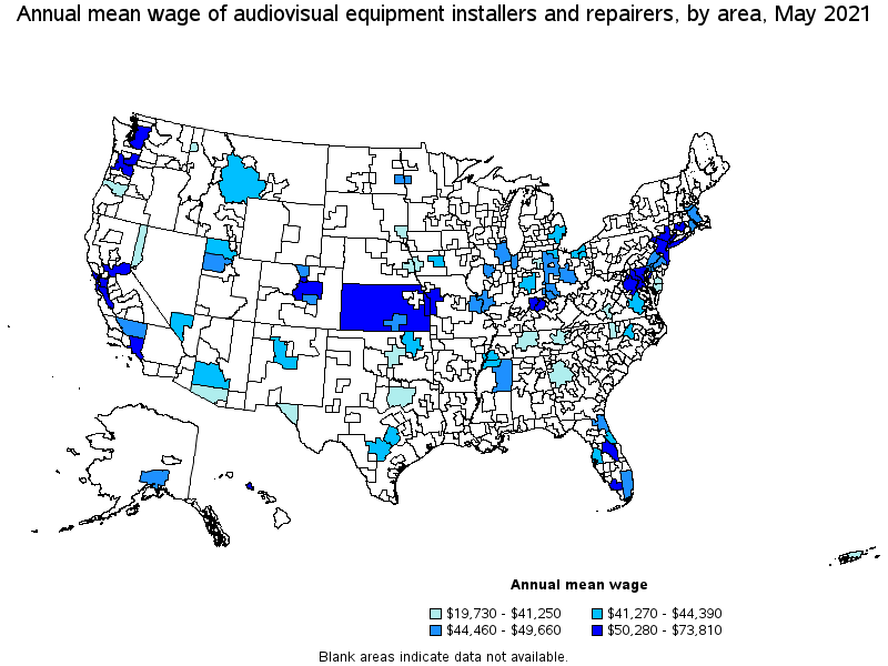 Map of annual mean wages of audiovisual equipment installers and repairers by area, May 2021