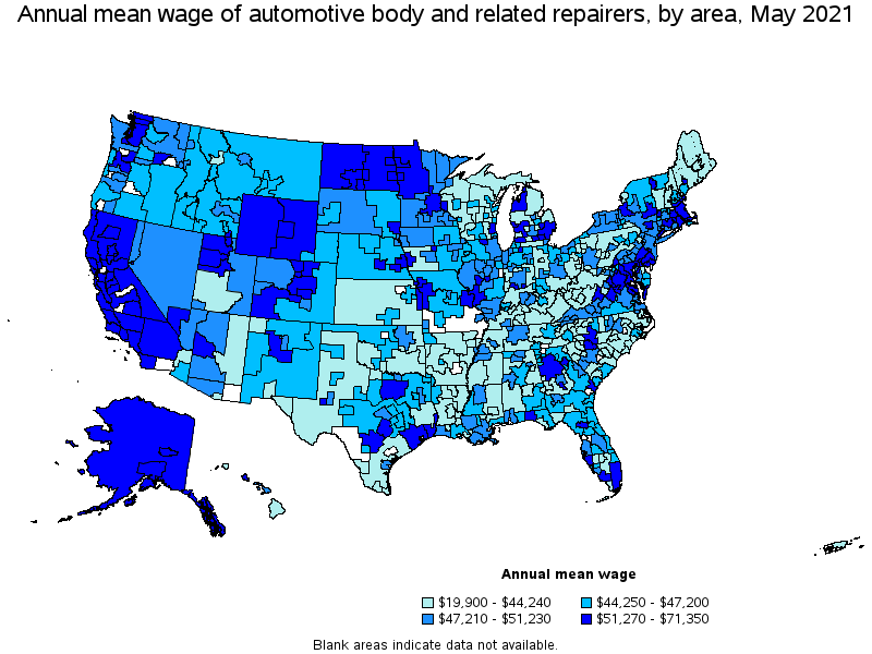 Map of annual mean wages of automotive body and related repairers by area, May 2021