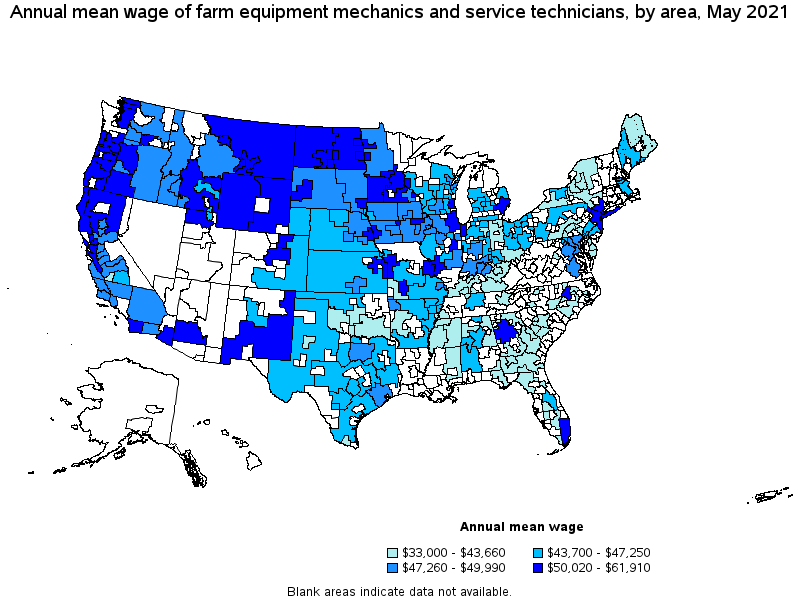 Map of annual mean wages of farm equipment mechanics and service technicians by area, May 2021