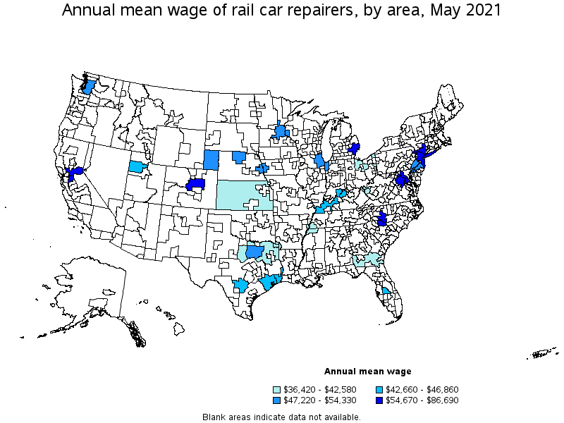 Map of annual mean wages of rail car repairers by area, May 2021