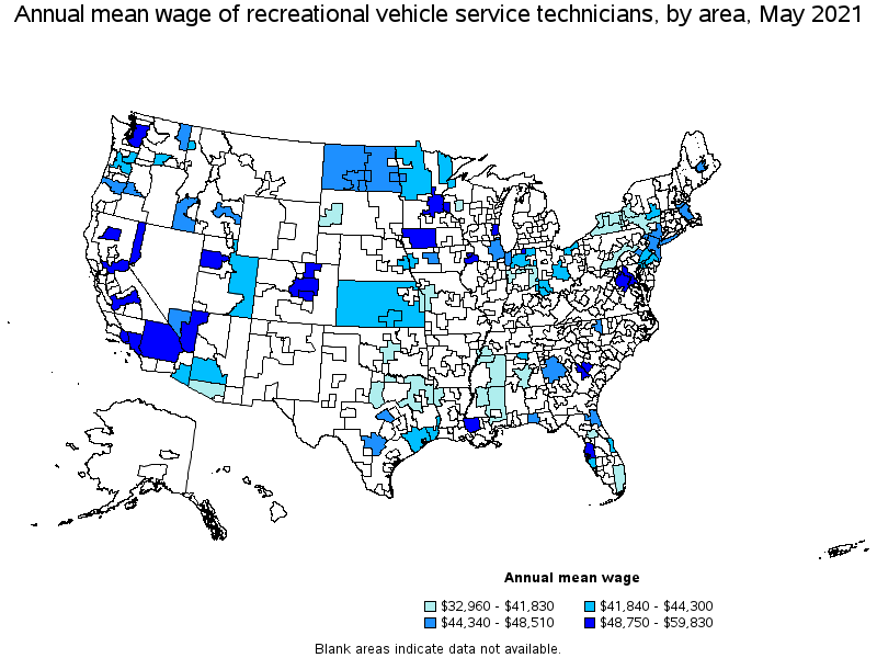 Map of annual mean wages of recreational vehicle service technicians by area, May 2021