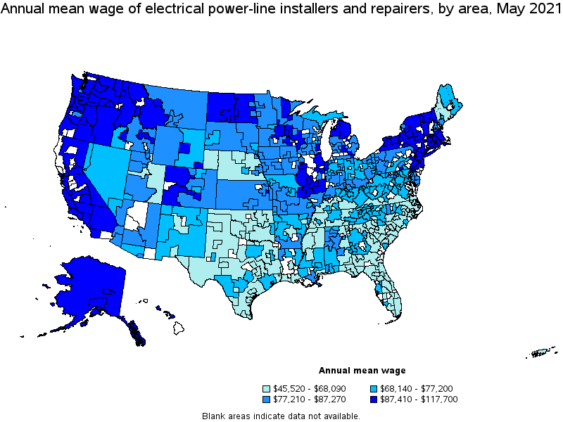 Map of annual mean wages of electrical power-line installers and repairers by area, May 2021