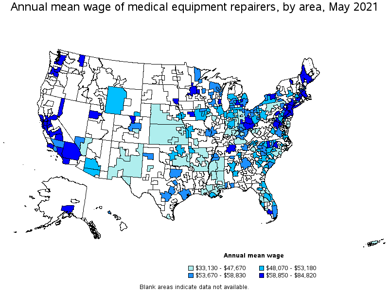 Map of annual mean wages of medical equipment repairers by area, May 2021