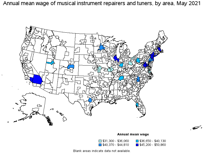 Map of annual mean wages of musical instrument repairers and tuners by area, May 2021