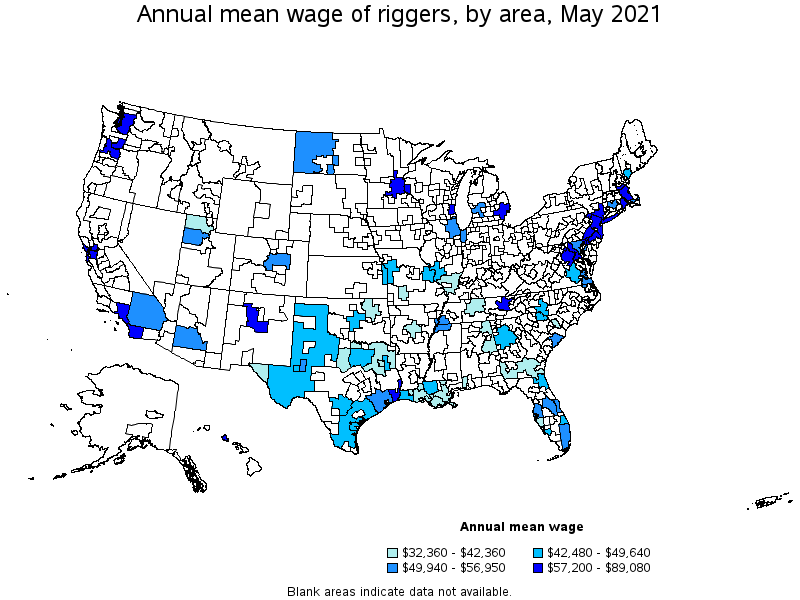 Map of annual mean wages of riggers by area, May 2021