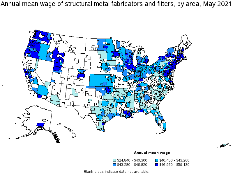 Map of annual mean wages of structural metal fabricators and fitters by area, May 2021