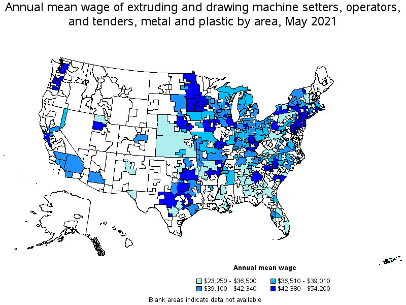 Map of annual mean wages of extruding and drawing machine setters, operators, and tenders, metal and plastic by area, May 2021