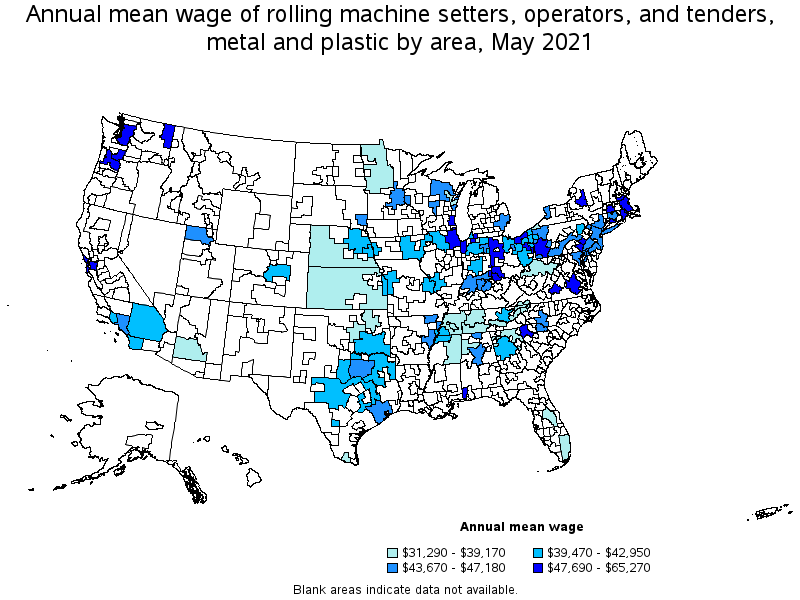 Map of annual mean wages of rolling machine setters, operators, and tenders, metal and plastic by area, May 2021