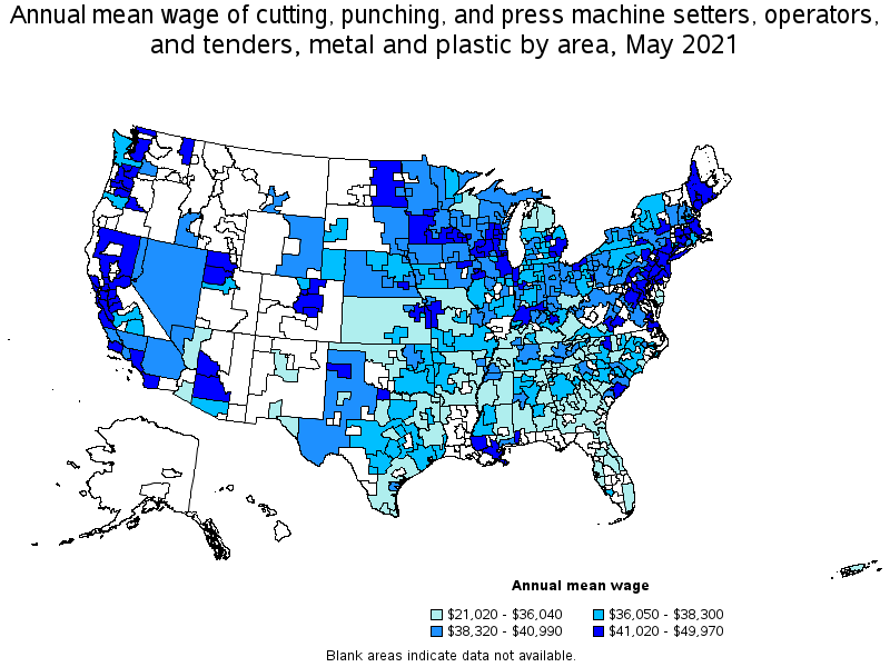 Map of annual mean wages of cutting, punching, and press machine setters, operators, and tenders, metal and plastic by area, May 2021