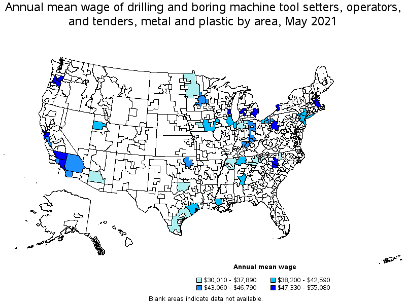 Map of annual mean wages of drilling and boring machine tool setters, operators, and tenders, metal and plastic by area, May 2021