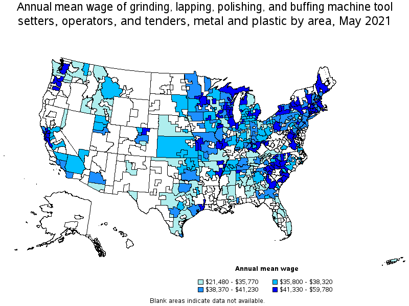 Map of annual mean wages of grinding, lapping, polishing, and buffing machine tool setters, operators, and tenders, metal and plastic by area, May 2021