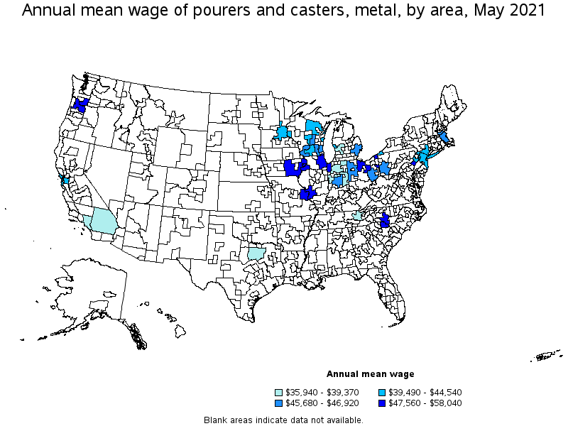 Map of annual mean wages of pourers and casters, metal by area, May 2021