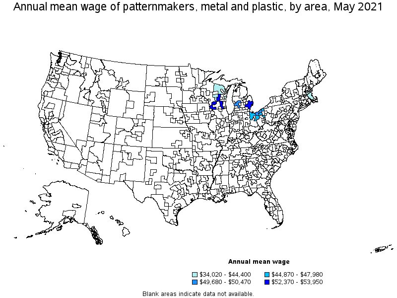 Map of annual mean wages of patternmakers, metal and plastic by area, May 2021