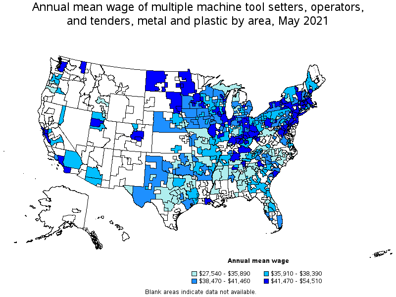 Map of annual mean wages of multiple machine tool setters, operators, and tenders, metal and plastic by area, May 2021