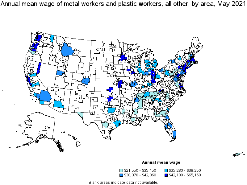 Map of annual mean wages of metal workers and plastic workers, all other by area, May 2021