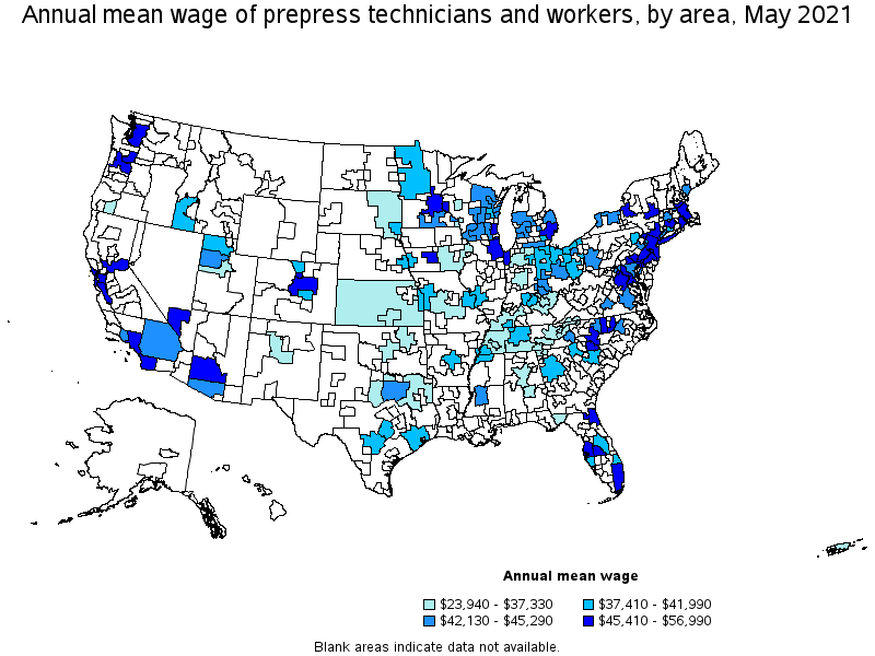 Map of annual mean wages of prepress technicians and workers by area, May 2021