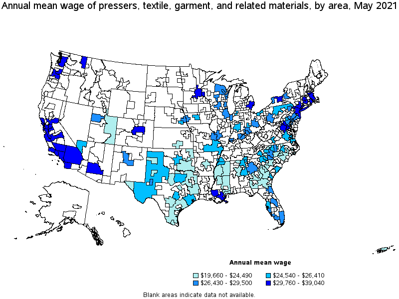 Map of annual mean wages of pressers, textile, garment, and related materials by area, May 2021