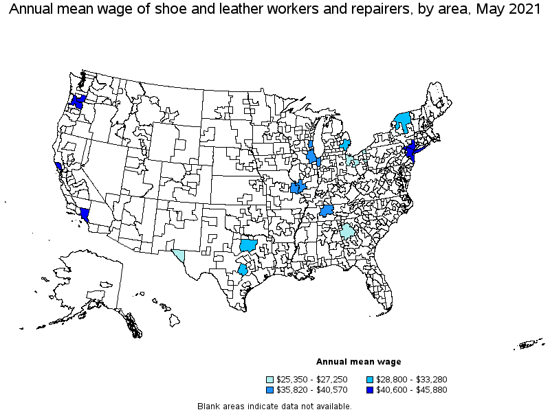 Map of annual mean wages of shoe and leather workers and repairers by area, May 2021