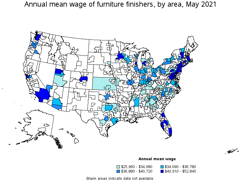 Map of annual mean wages of furniture finishers by area, May 2021
