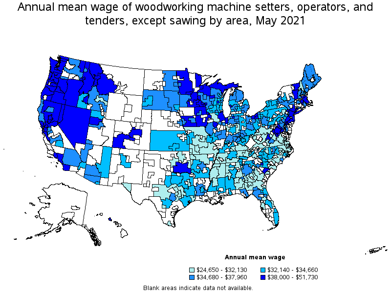 Map of annual mean wages of woodworking machine setters, operators, and tenders, except sawing by area, May 2021