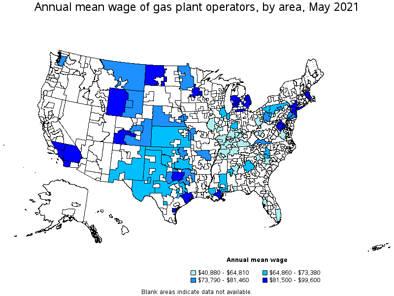 Map of annual mean wages of gas plant operators by area, May 2021