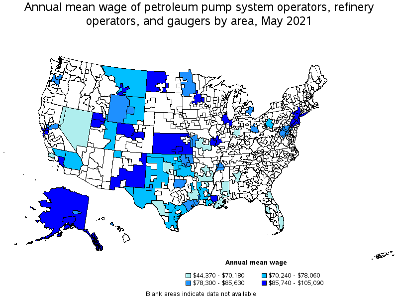 Map of annual mean wages of petroleum pump system operators, refinery operators, and gaugers by area, May 2021