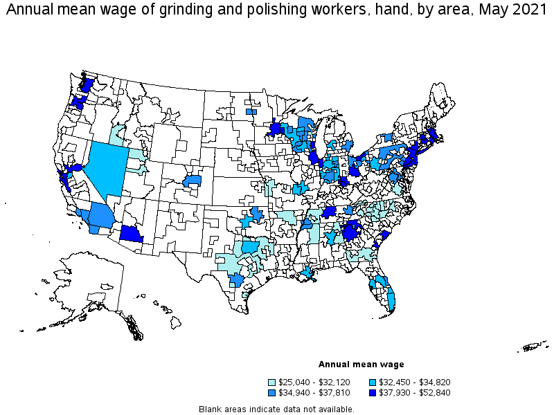 Map of annual mean wages of grinding and polishing workers, hand by area, May 2021