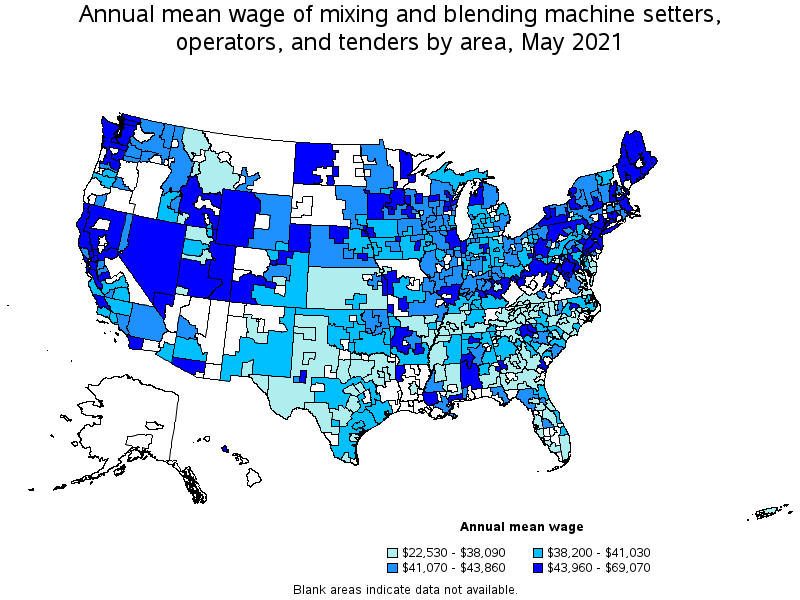 Map of annual mean wages of mixing and blending machine setters, operators, and tenders by area, May 2021