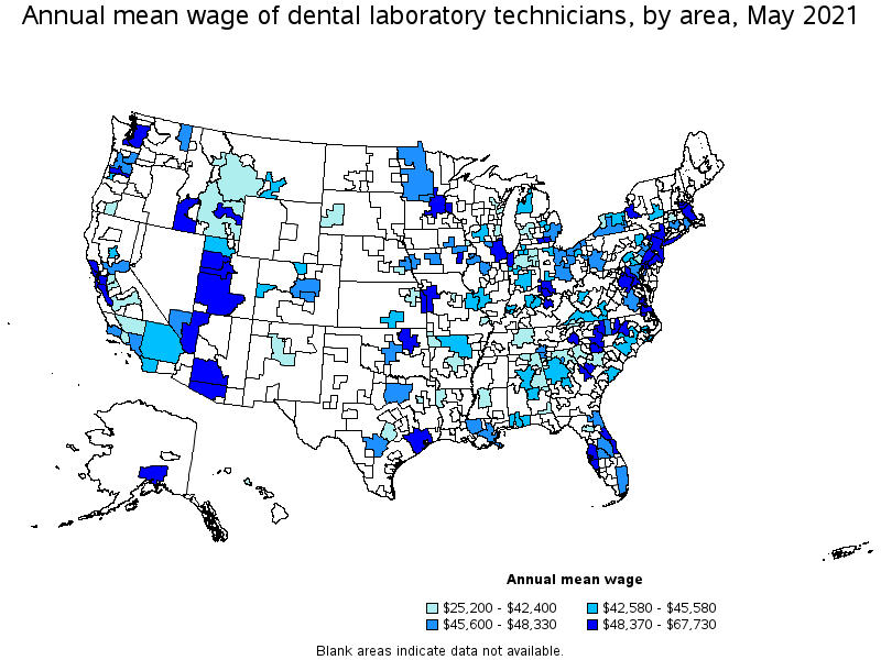 Map of annual mean wages of dental laboratory technicians by area, May 2021