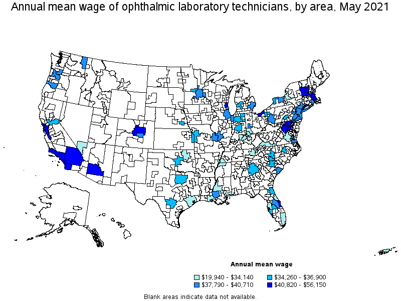 Map of annual mean wages of ophthalmic laboratory technicians by area, May 2021