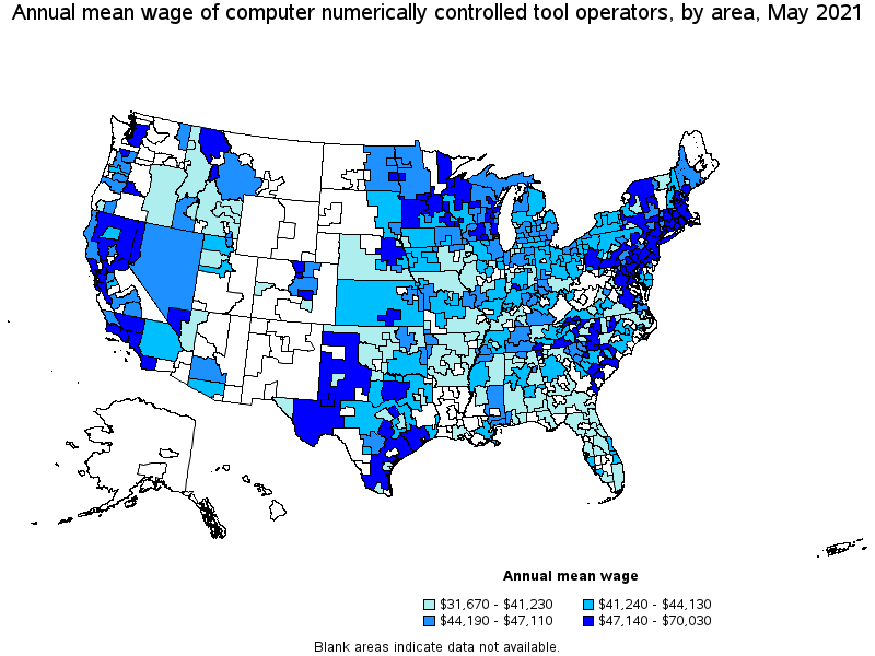 Map of annual mean wages of computer numerically controlled tool operators by area, May 2021