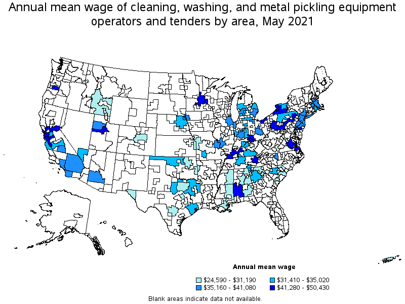 Map of annual mean wages of cleaning, washing, and metal pickling equipment operators and tenders by area, May 2021